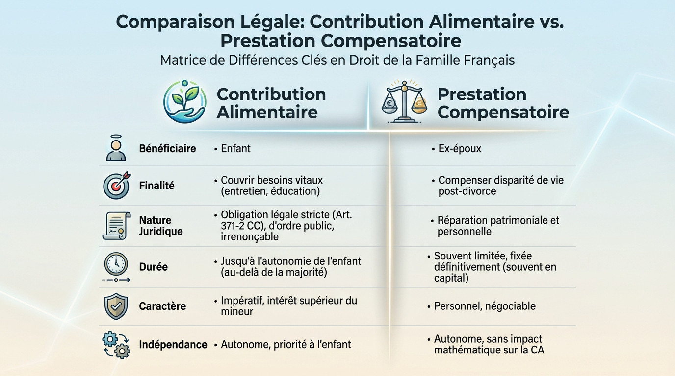 Tableau comparatif entre pension alimentaire pour enfants et prestation compensatoire entre époux