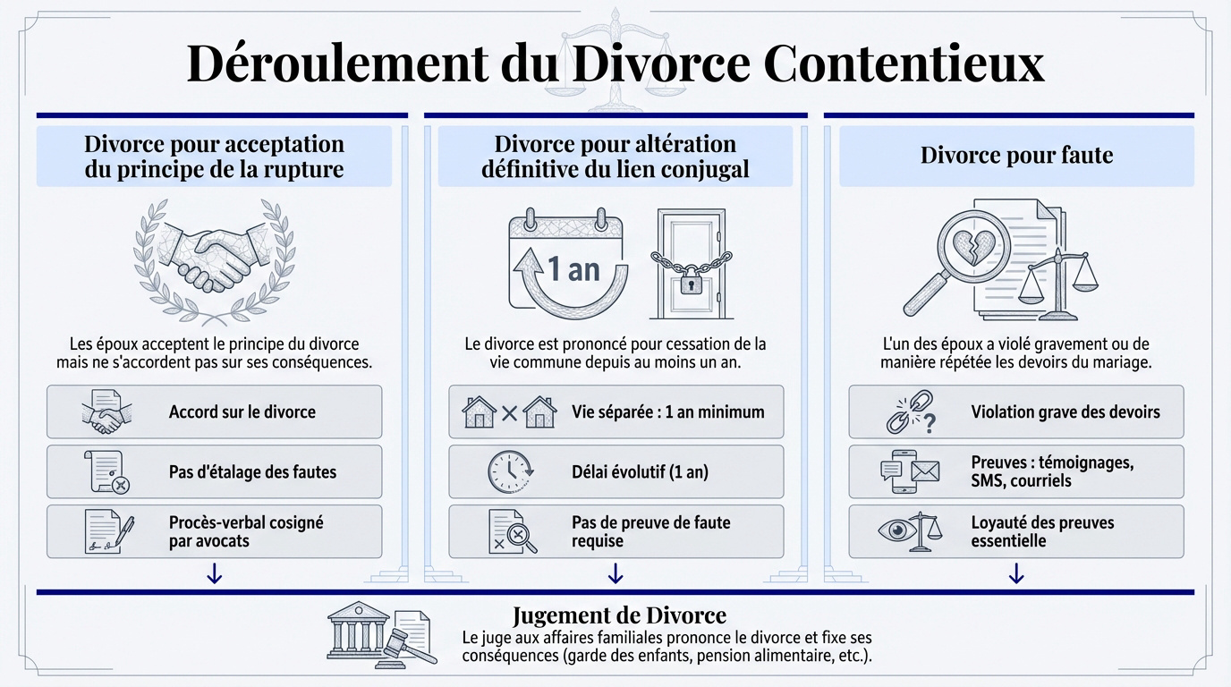 Représentation symbolique de la procédure de divorce contentieux devant le juge