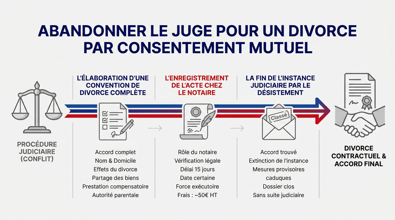 Signature d'une convention de divorce par consentement mutuel entre deux époux et leurs avocats