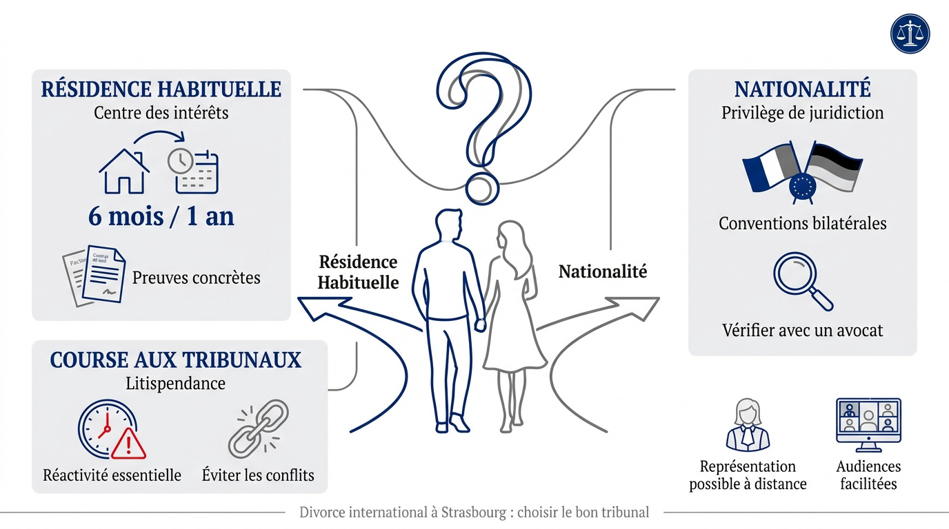Illustration des critères de résidence et de nationalité pour un divorce international