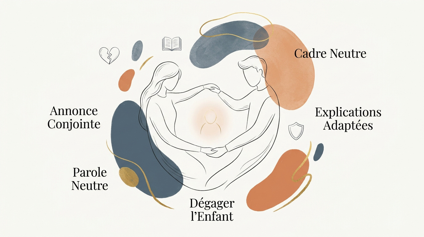 Illustration d'une famille unie apportant du soutien à un enfant pendant une séparation