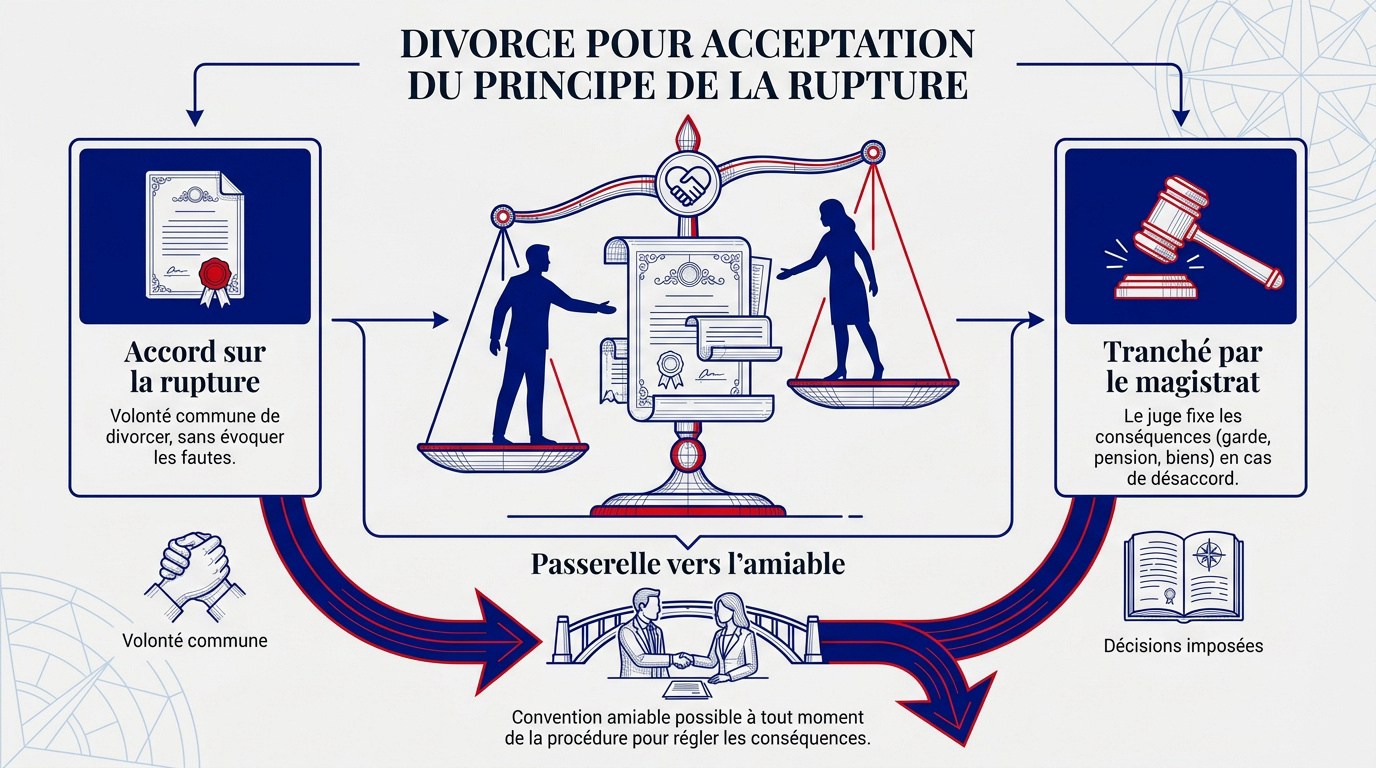 Infographie expliquant les étapes du divorce pour acceptation du principe de la rupture