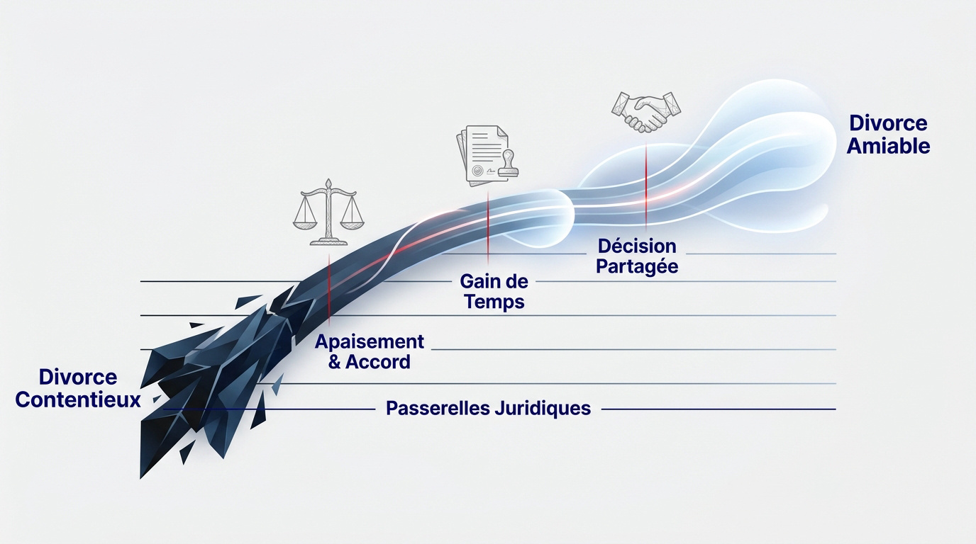 Infographie expliquant les passerelles juridiques vers un divorce par consentement mutuel