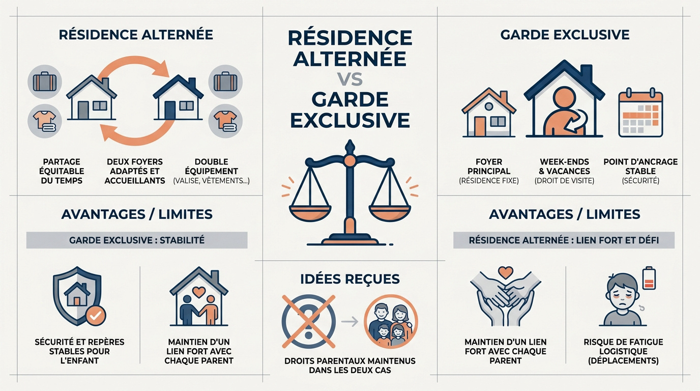 Comparaison visuelle entre la résidence alternée et la garde exclusive pour l'enfant